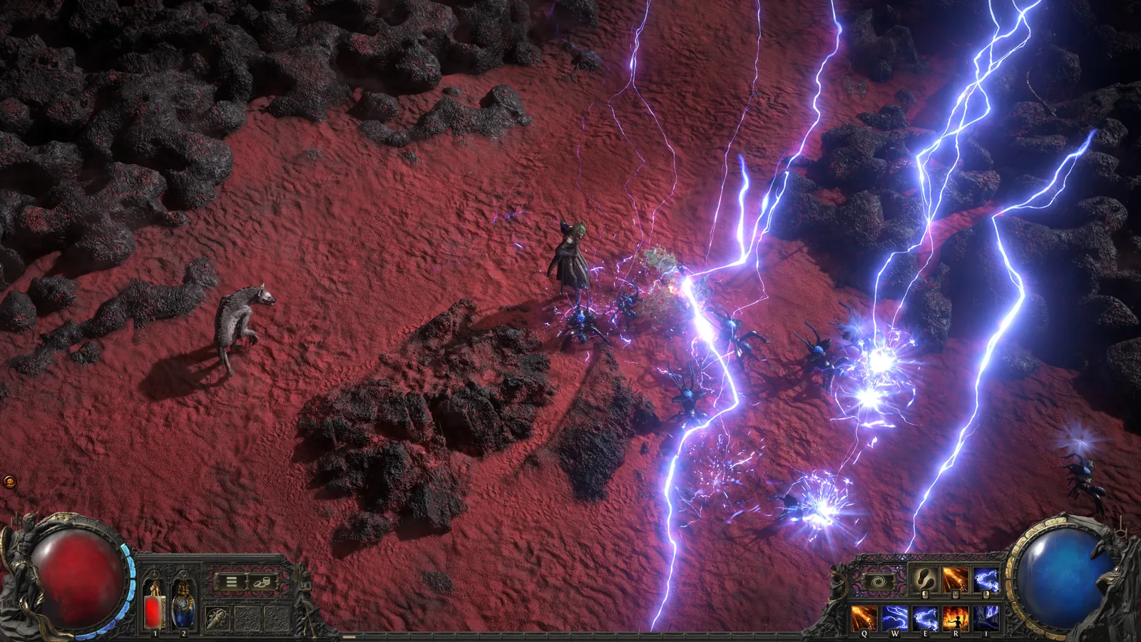 Path of Exile 2 gameplay: a Sorceress calls down lightning bolts on a field of red earth
