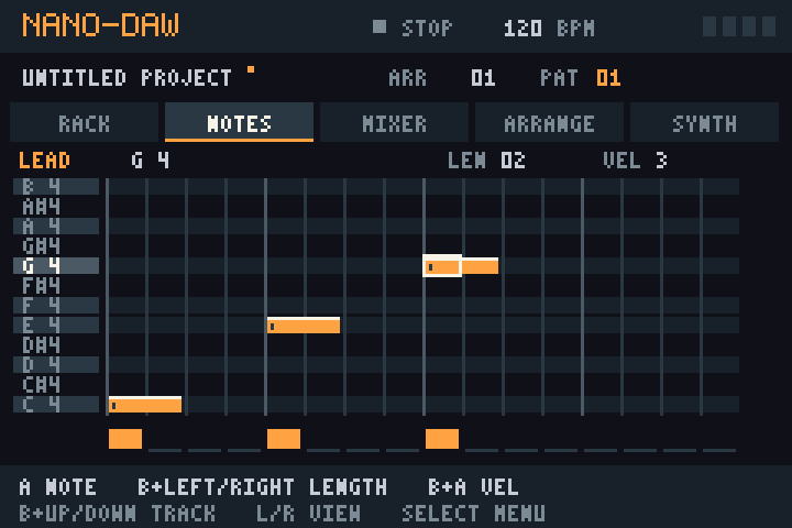 Nano-daw’s note editor showing a three-note melody, captured from the GBA ROM