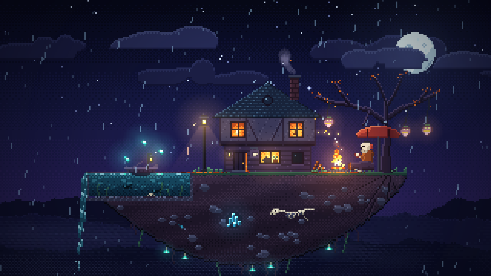 A rainy pixel art island with a glowing tea house, a skeleton reading by a campfire, hanging turnip lanterns, and a waterfall under the moon