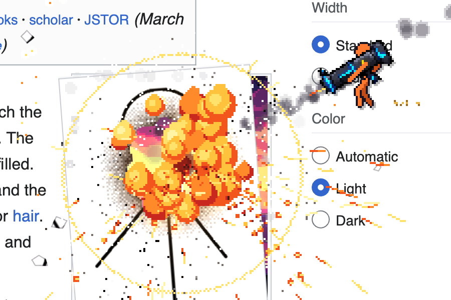 A bright orange pixel art explosion, sparks, and a flying projectile over a Wikipedia article