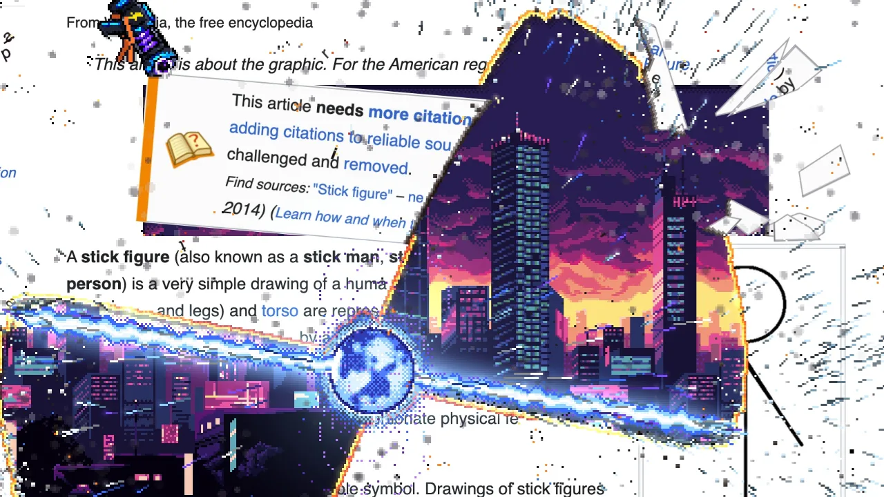 A neutron star fires two pixel art jets through a Wikipedia article, revealing a city skyline behind it