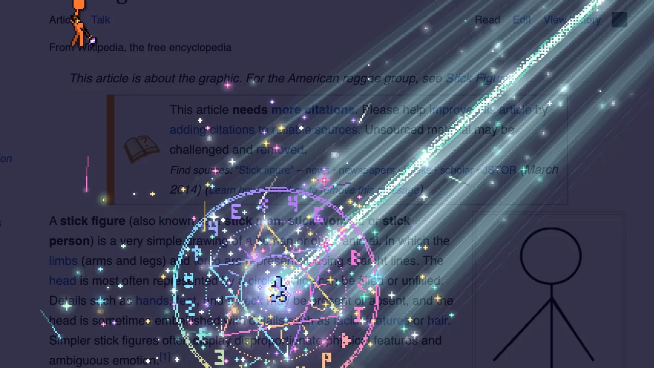 The Magic Wand draws a glowing pixel art rune circle and a beam of light over Wikipedia’s Stick figure article