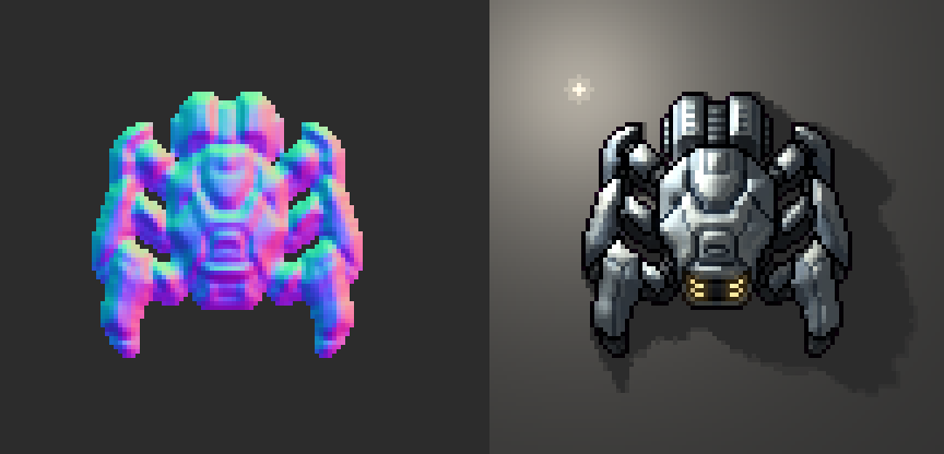 The normal map of a pixel art spider, next to the spider lit through it by a light circling it and casting its shadow