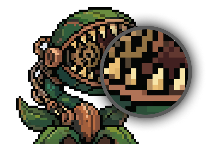 Pixel art character with a magnified detail ready for editing