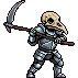 Plate-armored pixel art character holding a scythe in a combat stance