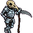 Plate-armored pixel art character resting against a scythe
