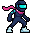 Pixel art ninja in a navy suit with a cyan visor and a pink scarf