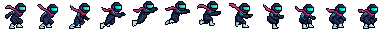 Pixel art ninja leaping forward with arms extended and pink scarf trailing, then landing in a crouch