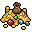 32x32 pixel art game asset of medieval treasure with gold coins, gems, and a coin pouch