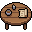 32x32 pixel art game asset of a medieval wooden table with a mug, bowl, and parchment