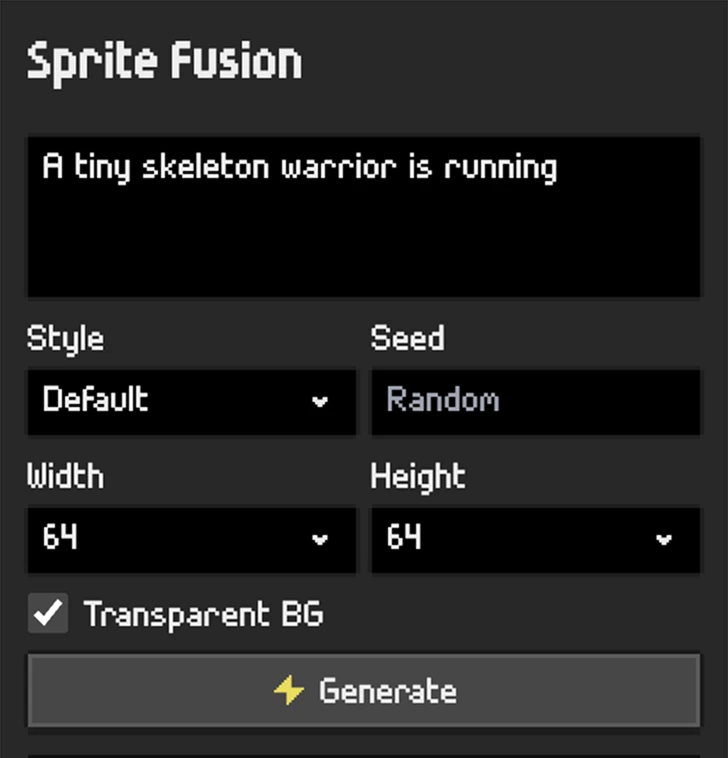 Sprite Fusion pixel art generation settings