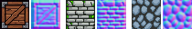 Crate, brick, and cobblestone pixel art textures, each next to its normal map