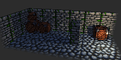 A low-poly dungeon with pixel art bricks, cobblestones, and crates, lit through their normal maps by a moving light