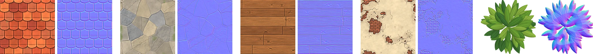 Hand-painted roof, stone, wood, plaster, and leaf textures, each next to its normal map